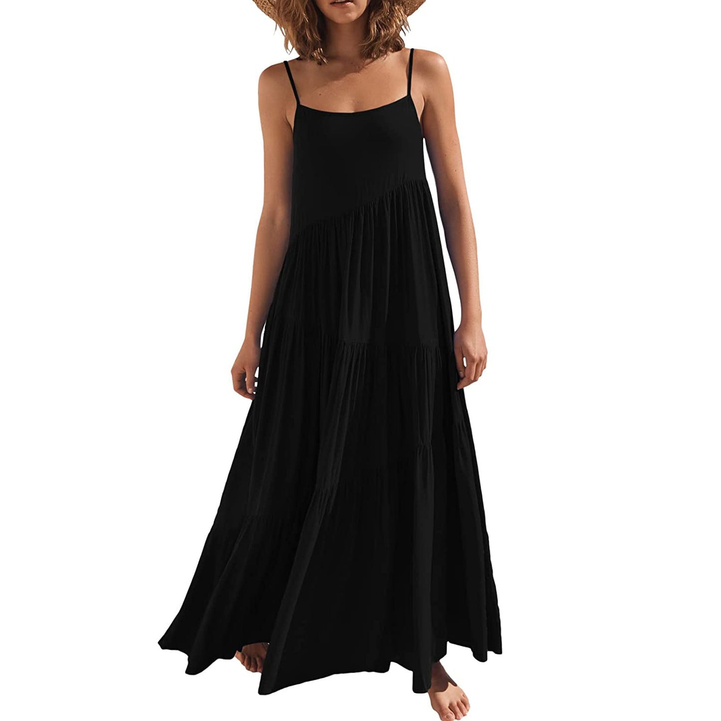 Solid Color Pleated Irregular Dress Beach Suspender Long Skirt