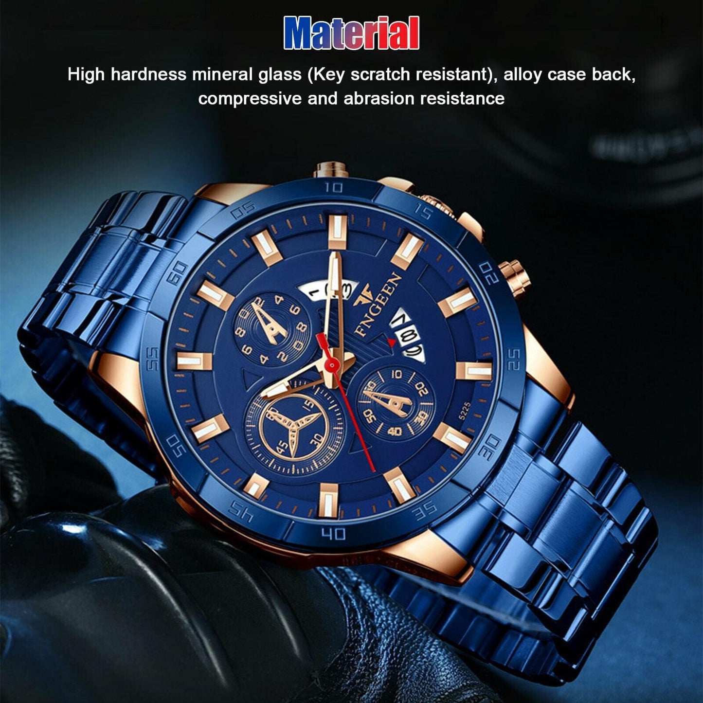 Fngeen Men's Luxury Stainless Steel Blue Watch